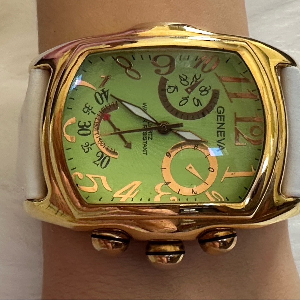 Geneva Gold and Green Chronograph Watch with White Band - Picture 6 of 11